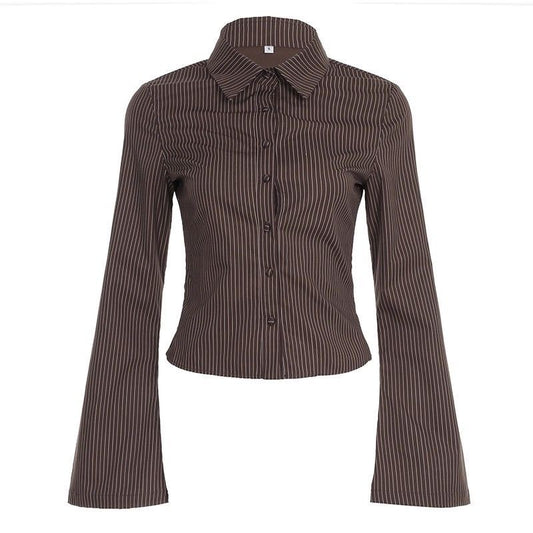 Women's Brown Striped Button-Down Shirt | Slim Fit Bell Sleeve Blouse