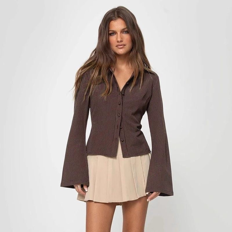 Women's Brown Striped Button-Down Shirt | Slim Fit Bell Sleeve Blouse